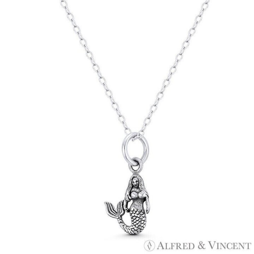 Mermaid / Siren Mythical Creature Charm Pendant in Oxidized .925 Sterling Silver
